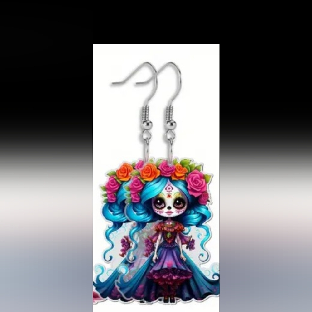 New Whimsigoth Festive Party Fairycore Colorful Sugar Skull Earrings-(#1,047)